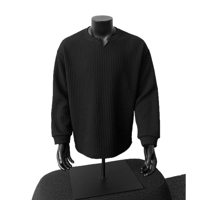 Herren nan grobstrukturierter Strickpullover mit V-förmigem Schlitzkragen und gerundetem Saum Echo Archiv