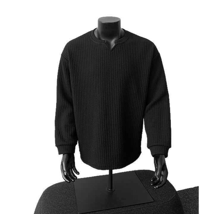 Herren nan grobstrukturierter Strickpullover mit V-förmigem Schlitzkragen und gerundetem Saum Echo Archiv