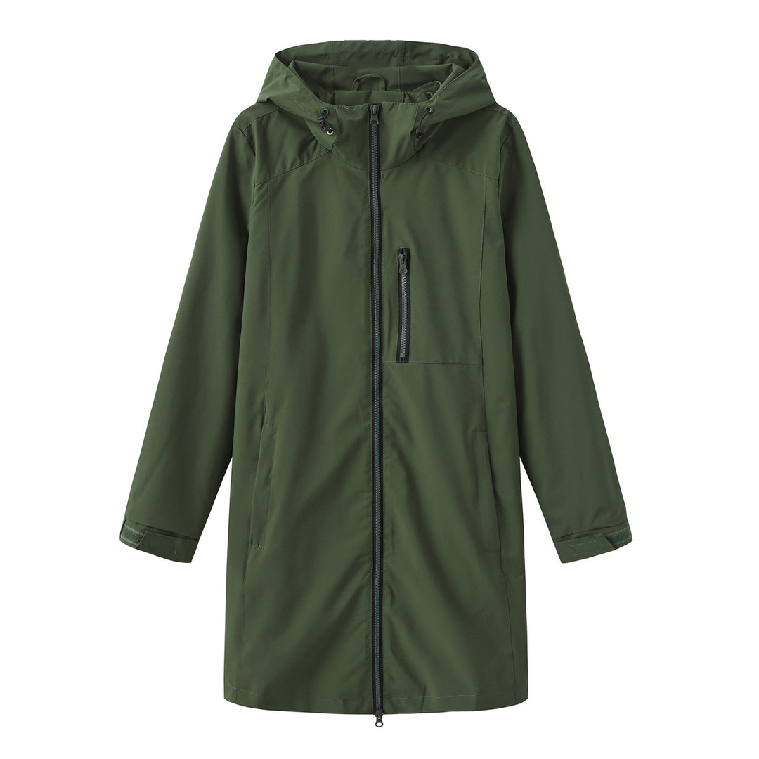 Damen nan lange schlanke Funktionsregenjacke mit durchgehendem Reißverschluss Brustreißverschlusstasche und Klettmanschetten Echo Archiv