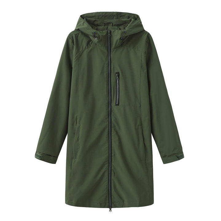 Damen nan lange schlanke Funktionsregenjacke mit durchgehendem Reißverschluss Brustreißverschlusstasche und Klettmanschetten Echo Archiv