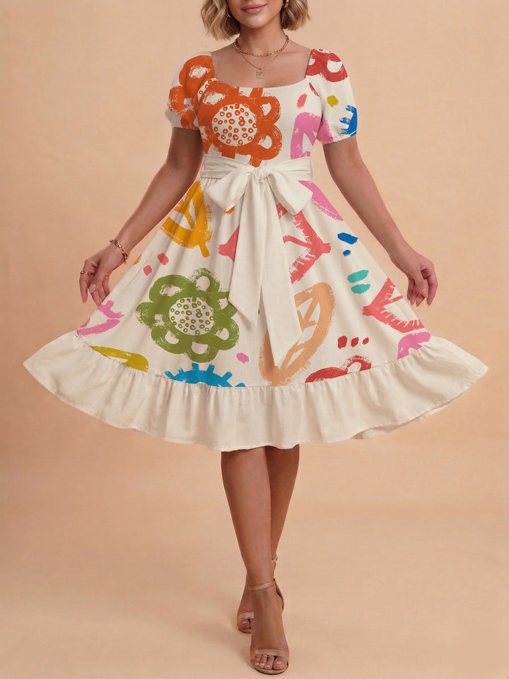 Damen Sommerkleid mit floralem Puffärmel und taillierbarem Gürtel Echo Archiv