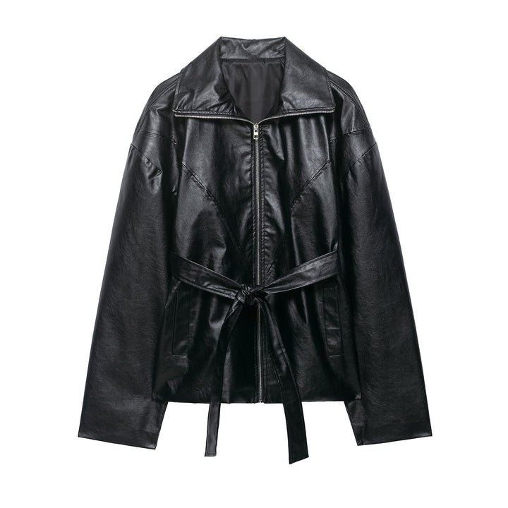 Damen Kurze Kunstlederjacke mit Taillengürtel, Reißverschluss und markantem Kragen Echo Archiv