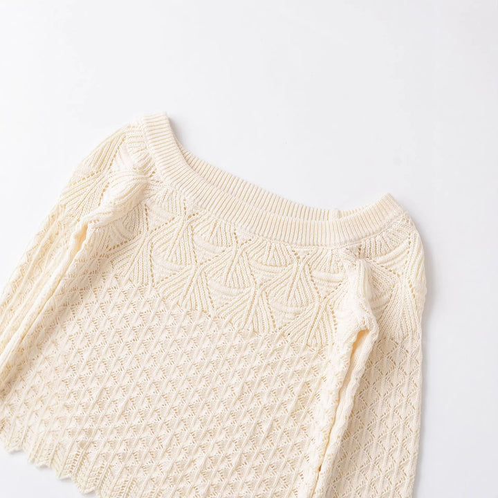 Damen nan gehäkelter Kurzpullover mit weitem Boot-Ausschnitt, feinem Lochstrickmuster und elastischem Bündchen Echo Archiv