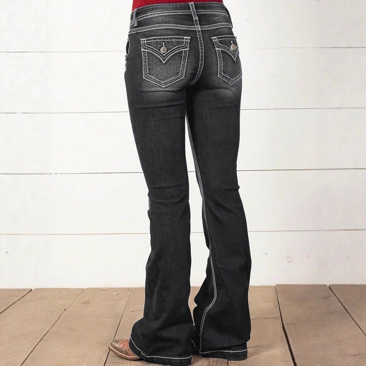 Damen hochtaillierte Sculpting-Bootcut-Jeans mit seitlichen Zierknöpfen Echo Archiv