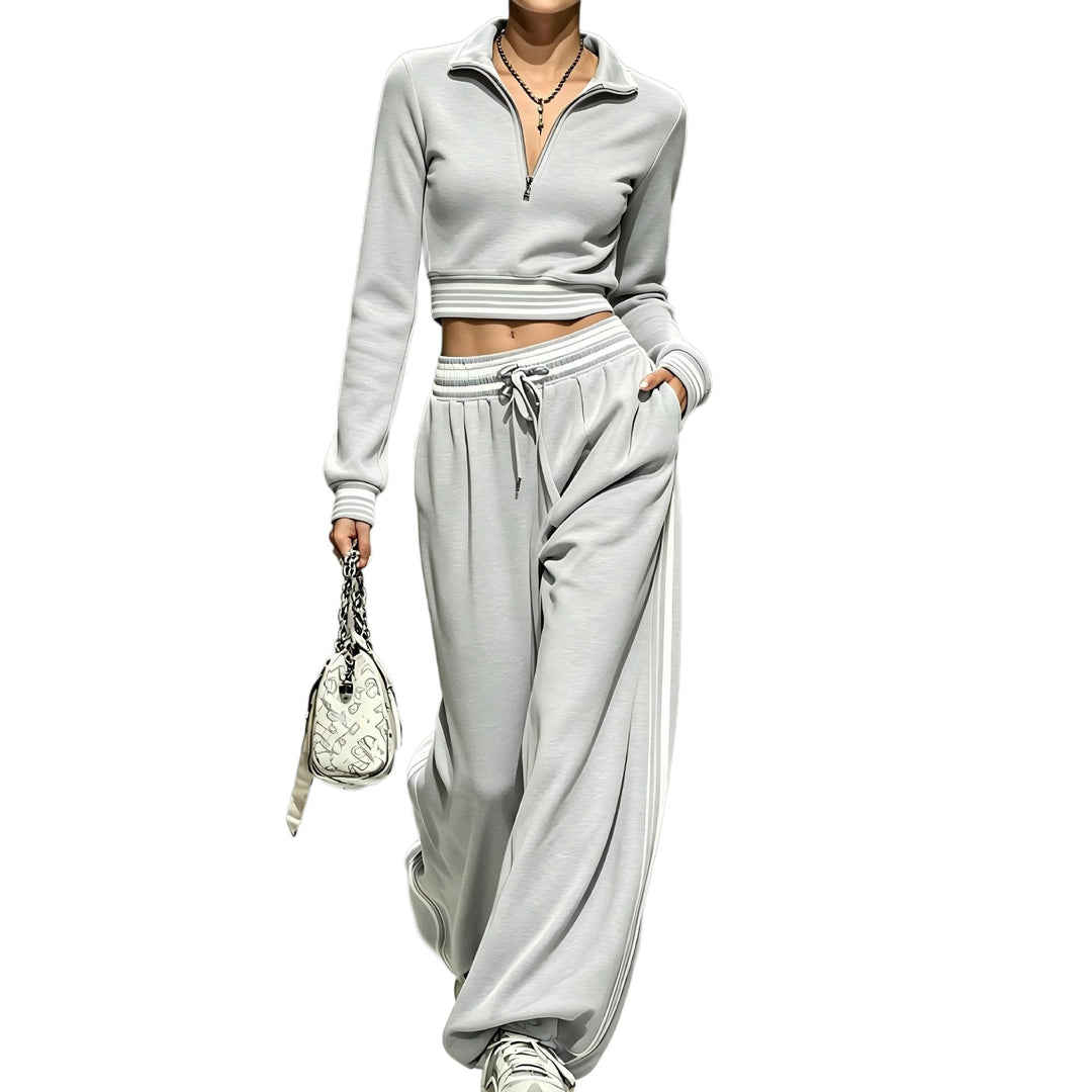 Damen Cropped-Trainingsset mit halbem Reißverschlusskragen und weitem Bundfalten-Jogger Echoarchiv