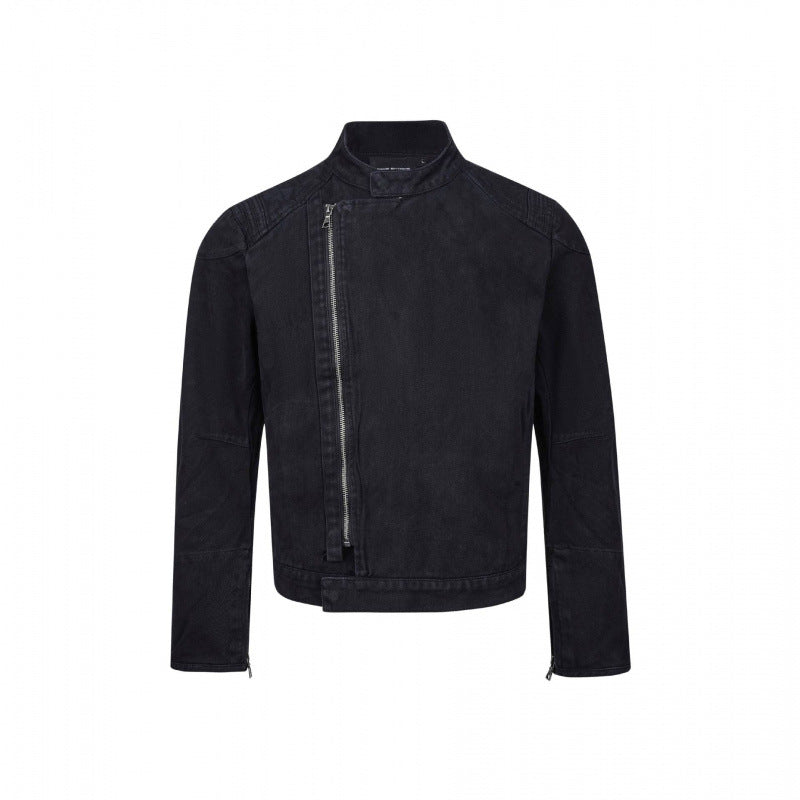 Herren Asymmetrische Kurzjacke im Biker-Stil mit Stehkragen und schrägem Metallreißverschluss Echo Archiv