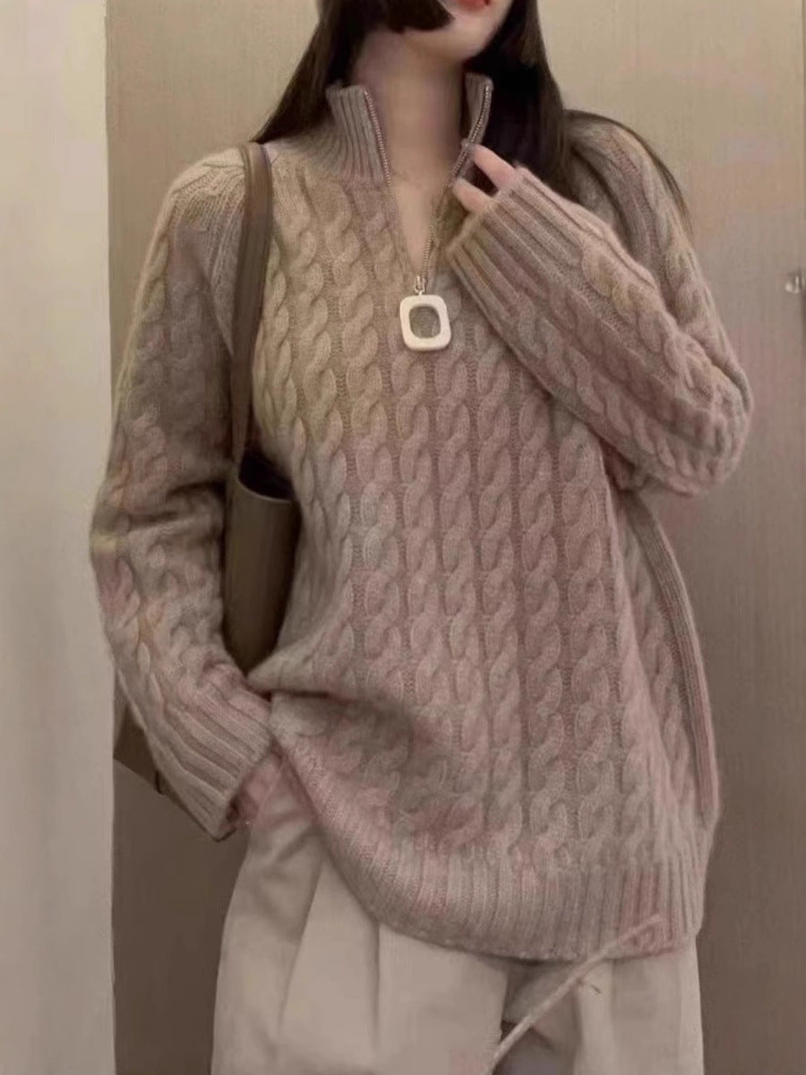 Damen Oversize Zopfmuster-Feinstrickpullover mit halbem Zipper und Stehkragen Echoarchiv