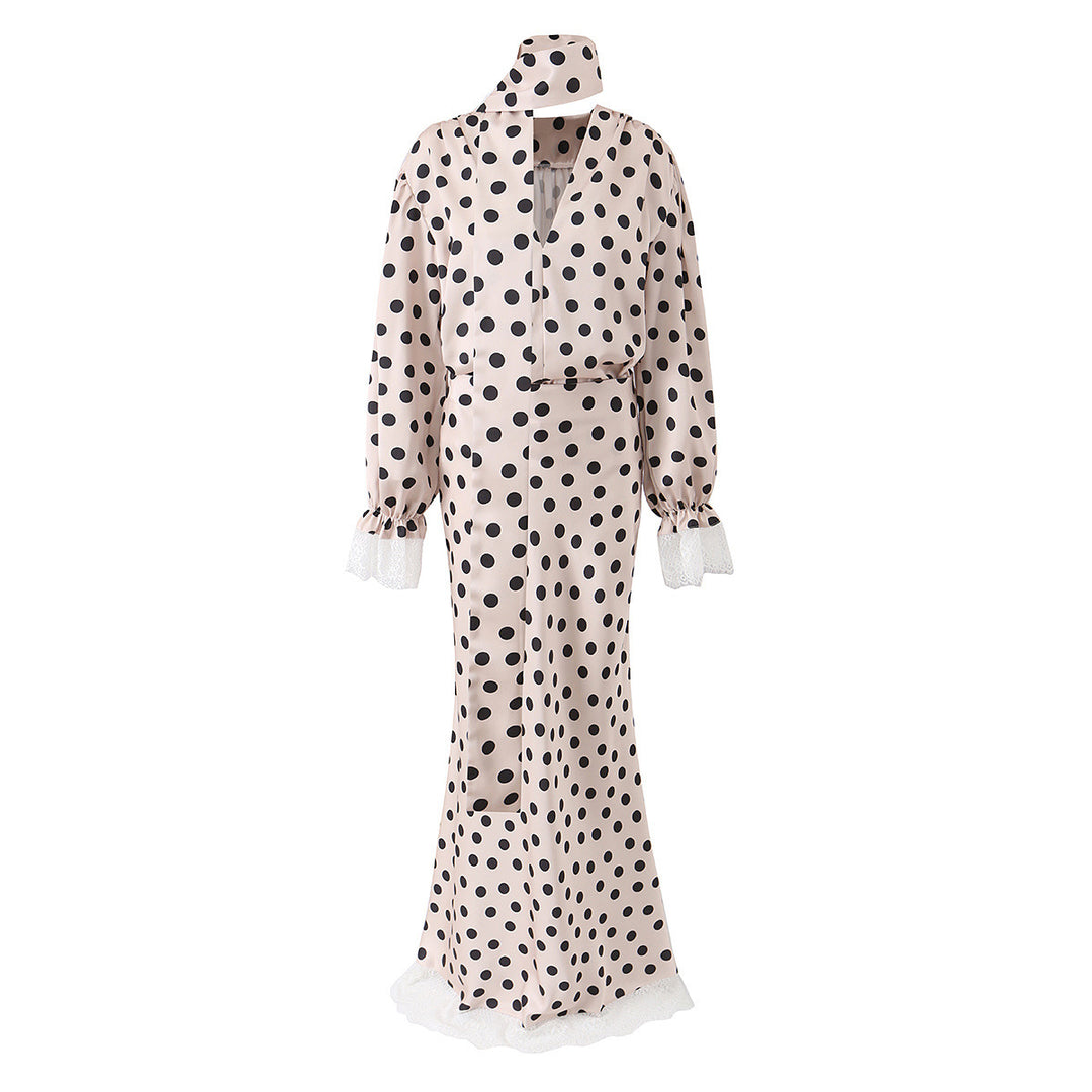 Damen Maxikleid im Retro‑Polka‑Dot‑Stil mit Spitzenbesatz und Taillengürtel Echo Archiv