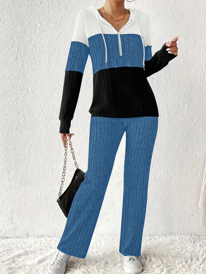 Damen Geripptes Lounge-Set mit Kapuzen-Halfzip und weitem Palazzo-Strickhose – Élanora