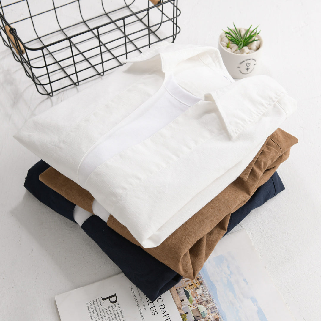 Herren Leichtes Leinen-Overshirt mit V-Ausschnitt, Hemdkragen und elastischem Saum Echoarchiv