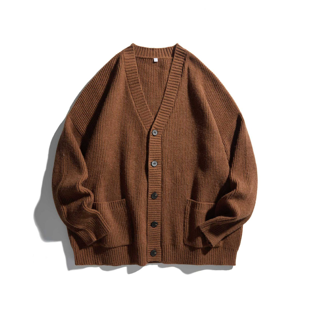 Damen Oversize Rippenstrick-Cardigan mit V‑Ausschnitt und aufgesetzten Taschen Echoarchiv