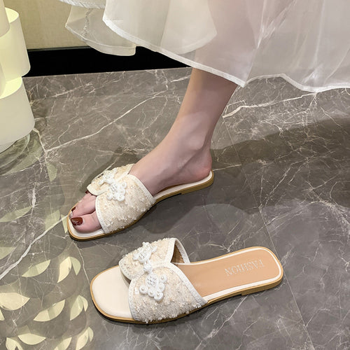 Damen nan elegante Mule mit quadratischer Zehenpartie Bouclé-Obermaterial und Perlenverzierung Echo Archiv