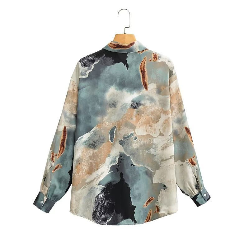 Damen Seidenoptik-Hemdbluse mit abstraktem Print und Oversize-Schnitt Echo Archiv