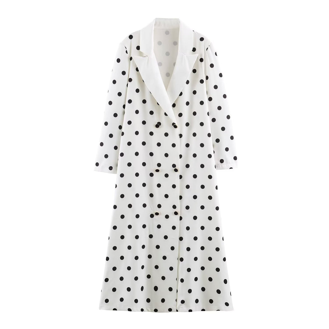 Damen Midilanger Mantel mit Polka‑Dot‑Print, Doppelreiher und Schalkragen Echoarchiv