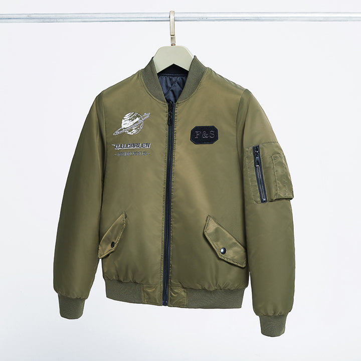 Herren  bestickte Raum-Patch-Flight-Bomberjacke mit wattierter Fütterung und Utility-Tasche am Ärmel Echo Archiv