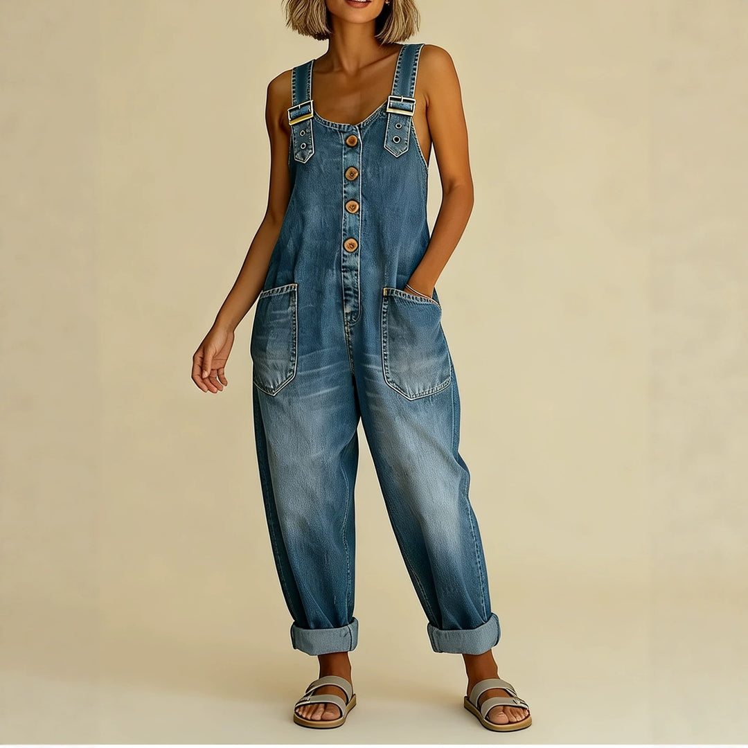 Damen Weite Denim-Latzhose mit Knopfleiste, verstellbaren Trägern und aufgesetzten Taschen Echoarchiv