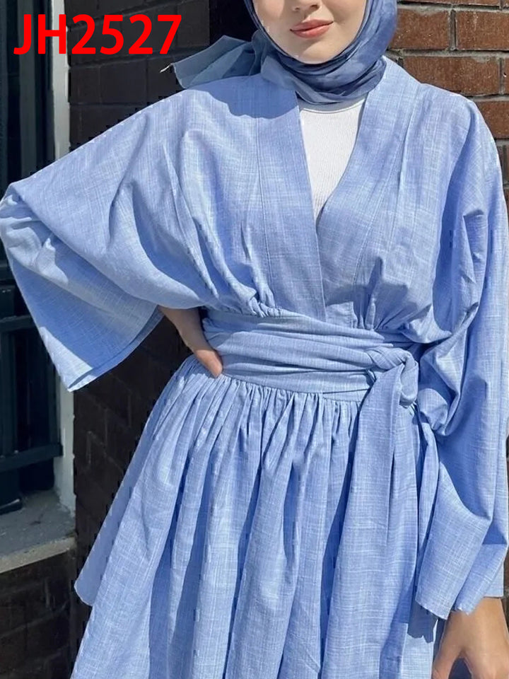 Damen Kimono-Wickelkleid in Leinenoptik mit weitem Rock und Bindegürtel Echoarchiv