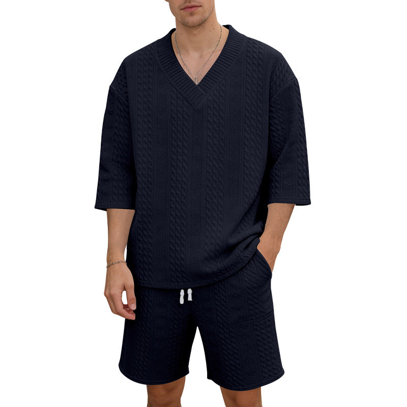 Unisex nan lässiges Lounge-Set mit V-Ausschnitt-Oberteil und Kordelbund-Shorts Echo Archiv