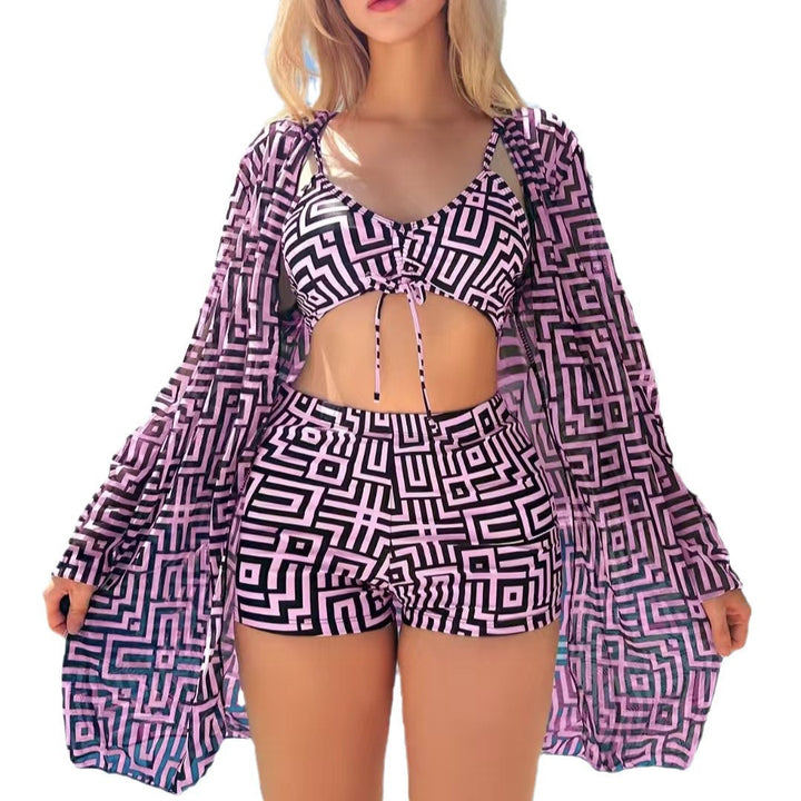 Damen modisches Bikini-Set mit geometrischen Mustern und transparenter Strandjacke Echo Archiv