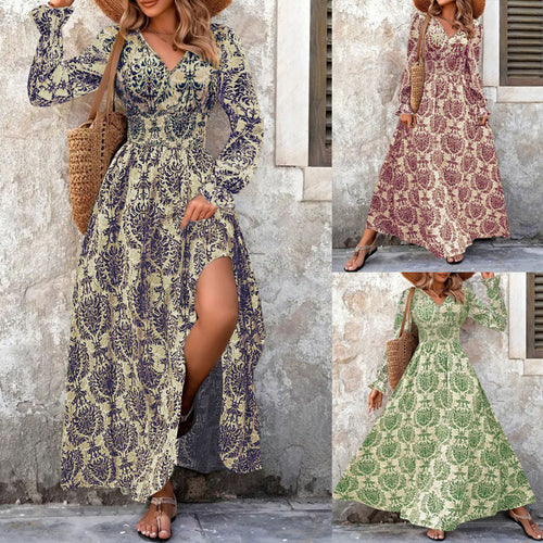 Damen Fließendes Maxikleid mit geraffter Smock-Taille, Trompetenärmeln und ornamentalem Druck – Valéora