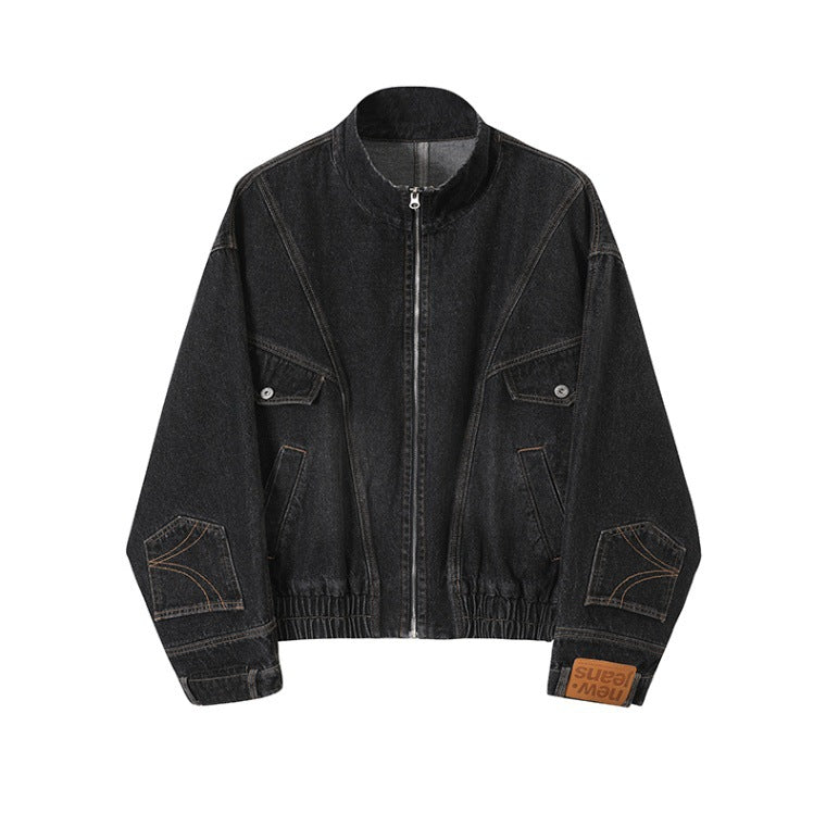 Damen Oversized Jeansjacke mit Stehkragen, Reißverschluss und elastischem Saum Echoarchiv