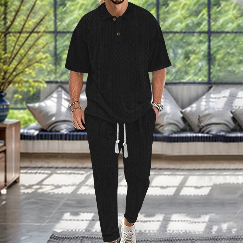Herren nan Jacquard-Loungewear-Set mit Polokragen Kordelzugbund und konisch geschnittener Jogginghose Echo Archiv
