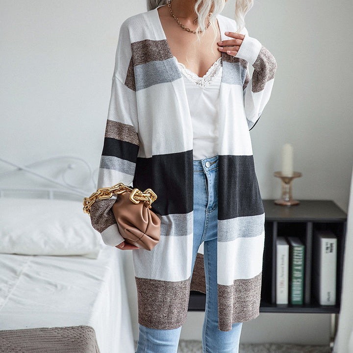Damen Langer Offener Strickcardigan mit Blockstreifen, Leichtem Fall und Eingrifftaschen Echoarchiv