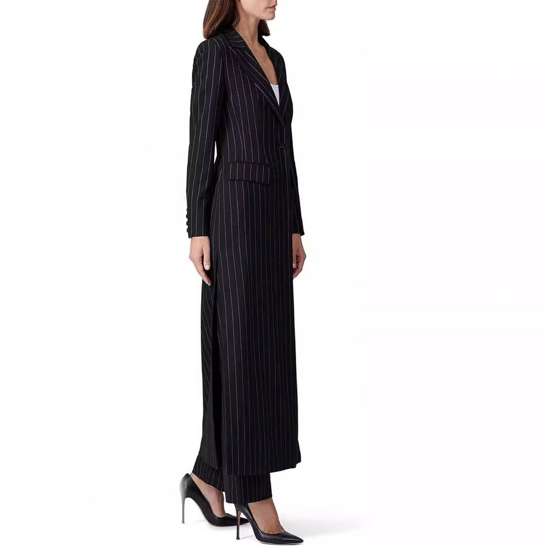 Damen Longline-Blazer-Mantel mit Nadelstreifen, taillierter Silhouette und Pattentaschen Echoarchiv