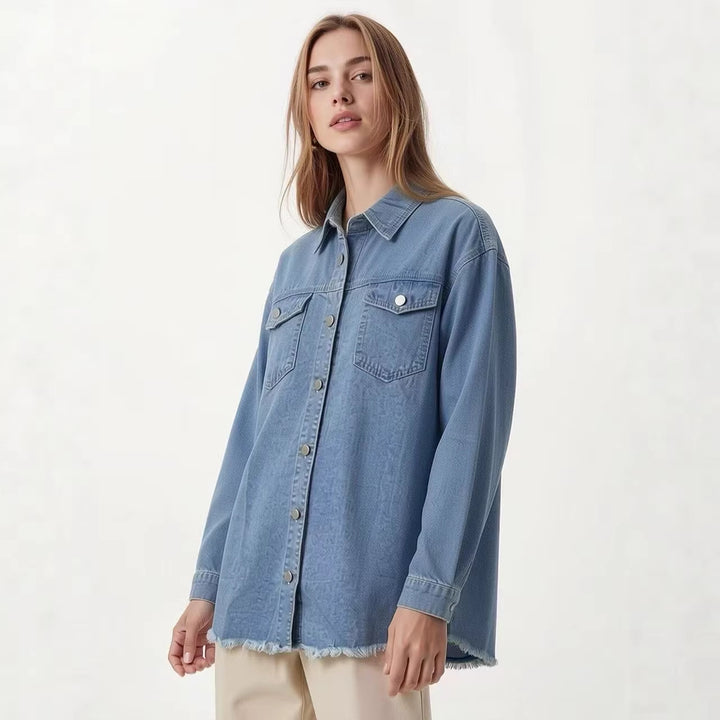 Damen Denim-Bluse im lässigen Schnitt mit Fransen und aufgesetzten Taschen Echo Archiv
