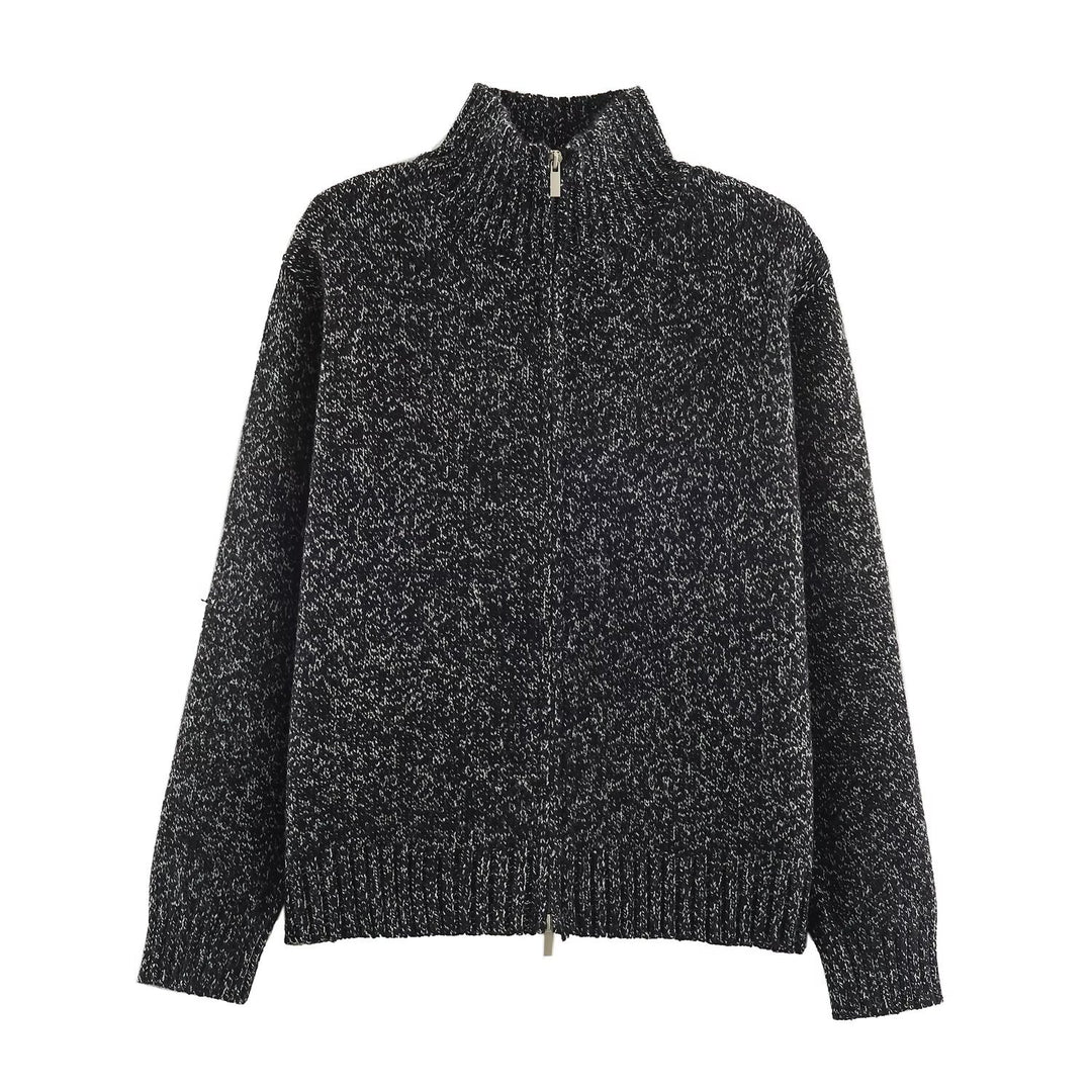 Damen Grobgestrickter Reißverschluss-Pullover mit Stehkragen und geripptem Saum Echoarchiv