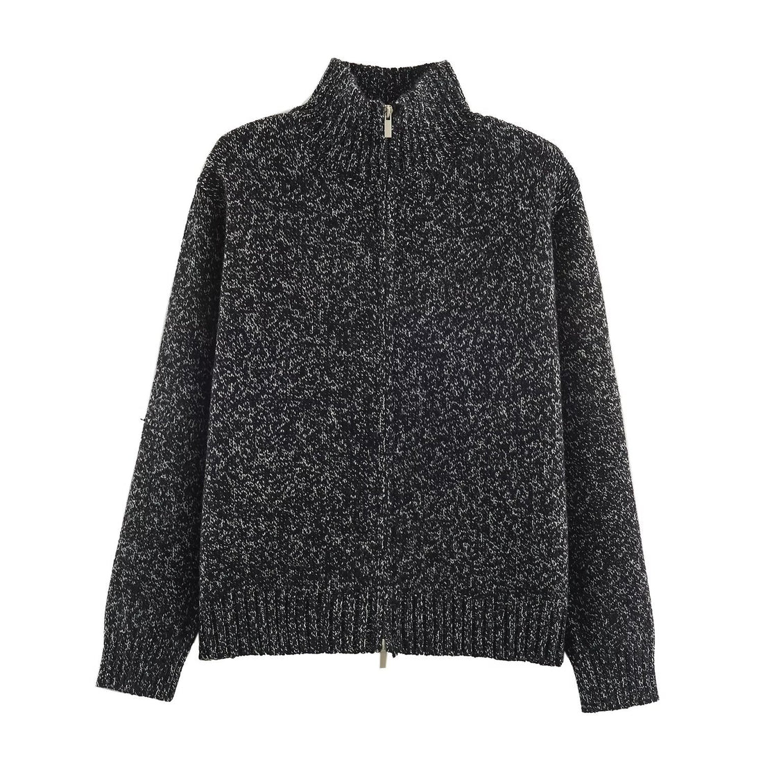 Damen Grobgestrickter Reißverschluss-Pullover mit Stehkragen und geripptem Saum Echoarchiv
