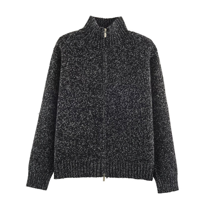 Damen Grobgestrickter Reißverschluss-Pullover mit Stehkragen und geripptem Saum Echoarchiv
