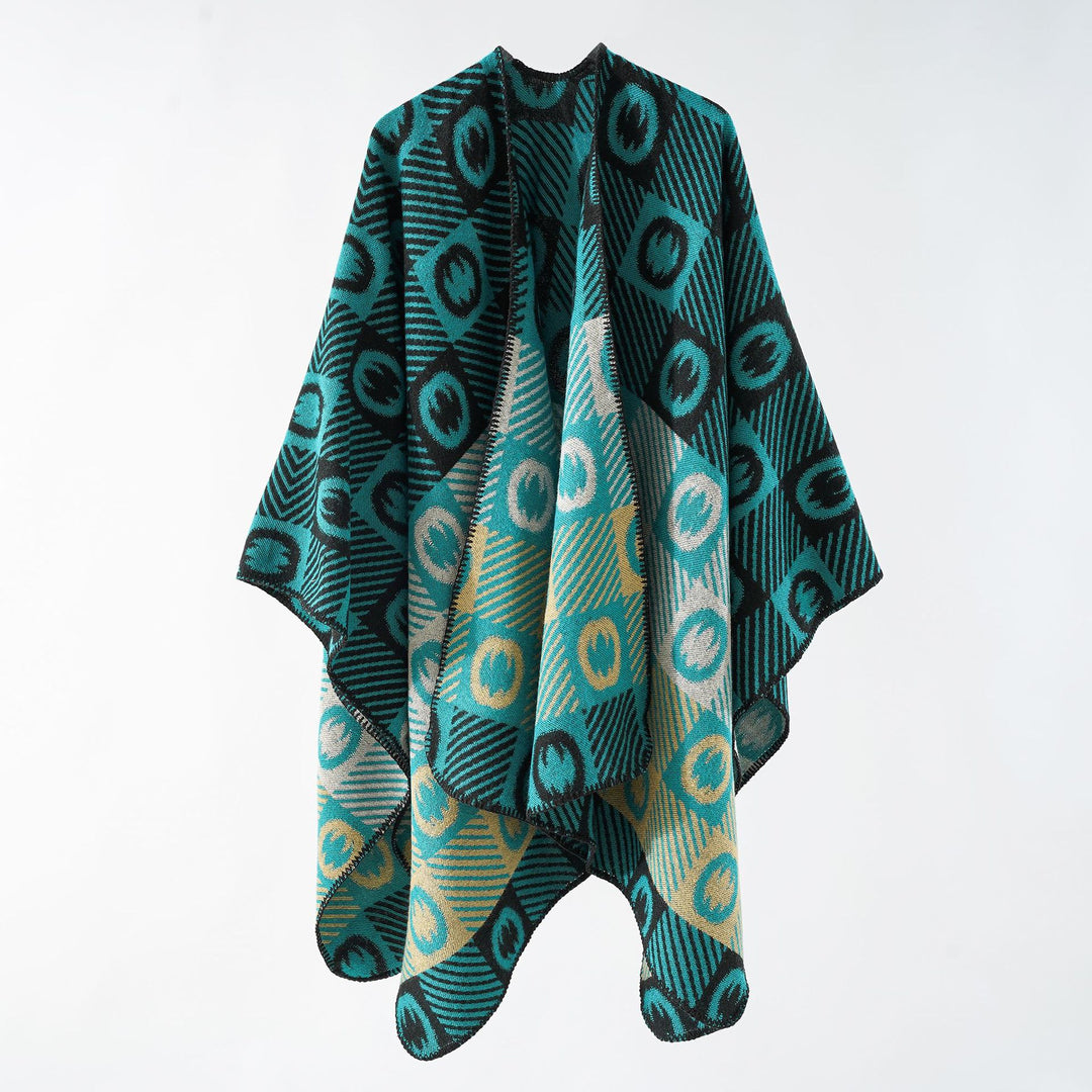 Damen Jacquard-Wickelponcho aus feinem Strick mit grafischem Kreis-Jacquard und offener Kimono-Silhouette – Veloura