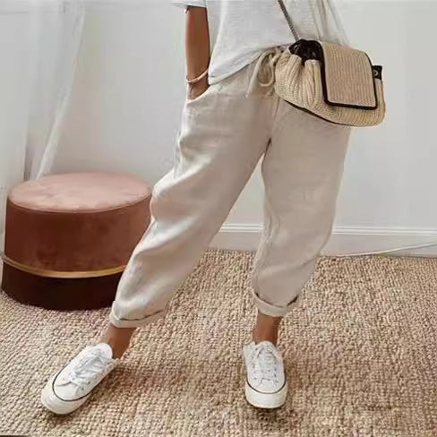 Damen nan legerer Leinen-Jogger mit Kordelzug, Eingrifftaschen und umgeschlagenem Saum Echo Archiv
