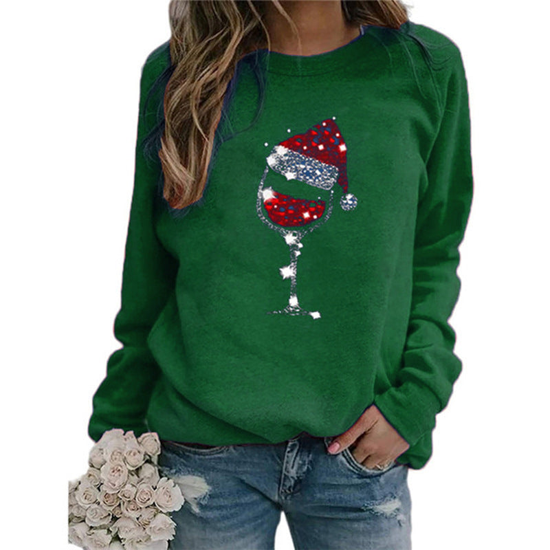 Damen Weihnachts Sweatshirt mit Pailletten Weinglas und Rundhalsausschnitt – Mavelle