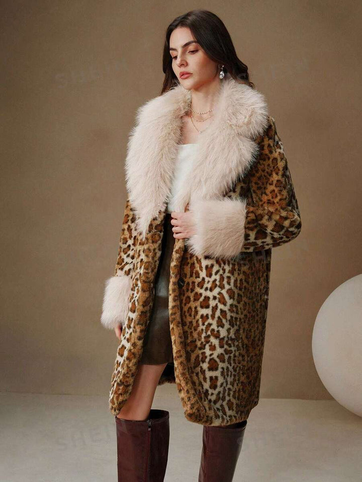 Damen Midilanger Kunstpelzmantel im Animal-Look mit abgesetztem Langhaar-Kragen und Manschetten Echo Archiv