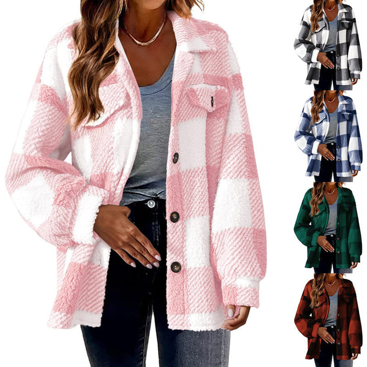 Damen nan kuschelige Sherpa-Karo-Übergangsjacke mit Brusttaschen und großzügigem Oversize-Schnitt Echo Archiv
