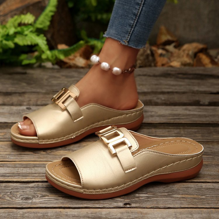 Damen nan Pantolette-Slipper mit goldfarbener Zierkette, ergonomischem Komfortfußbett und genähter Profilsohle Echo Archiv