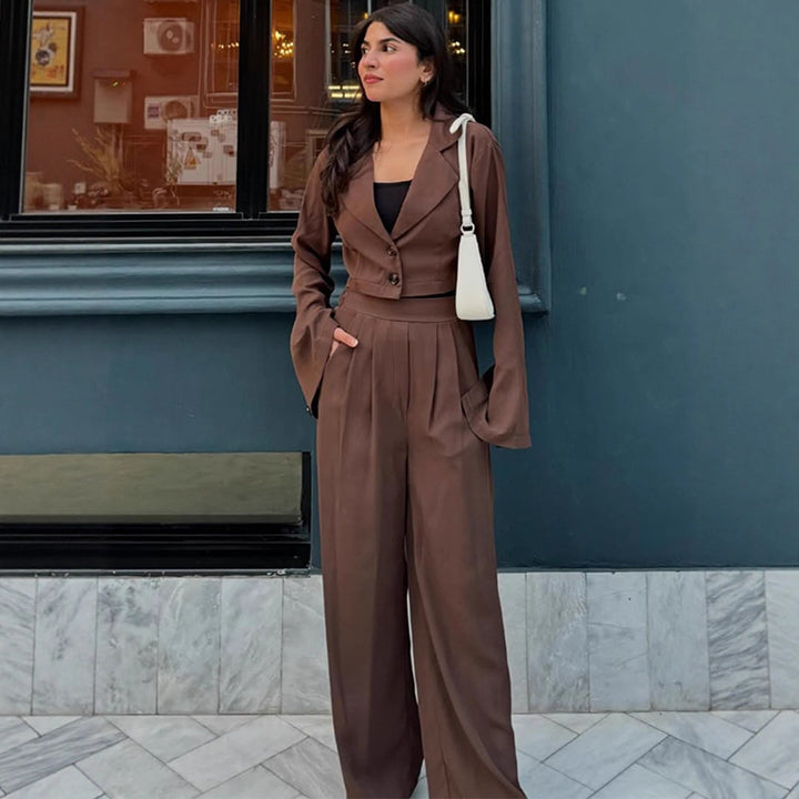 Damen Zweiteiliges Tailoring-Set Kurzblazer mit Glockenärmeln und High‑Waist Palazzohose Echoarchiv