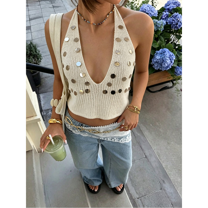 Damen trendiges Stricktop mit tiefem V-Ausschnitt und modischen Metallic-Akzenten Echo Archiv
