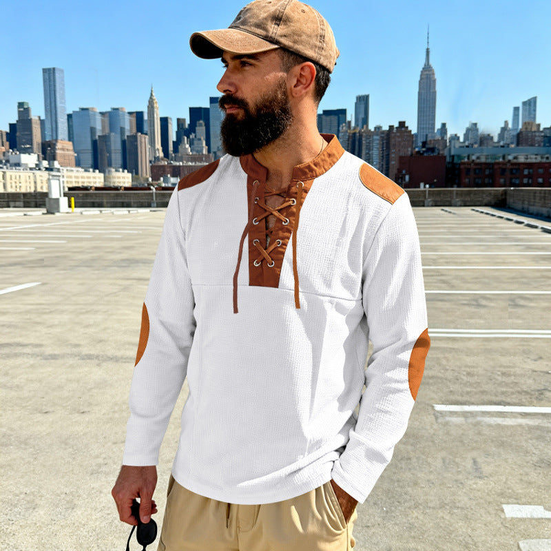 Herren Waffelstrick-Langarmshirt mit Schnürung und Kunstvelours-Ellbogenpatches – Cavarno