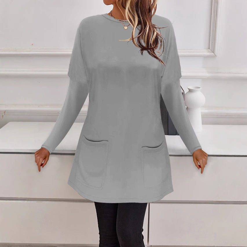 Damen Longline Feinstrick-Tunika mit Rundhalsausschnitt und aufgesetzten Taschen – Mavelle