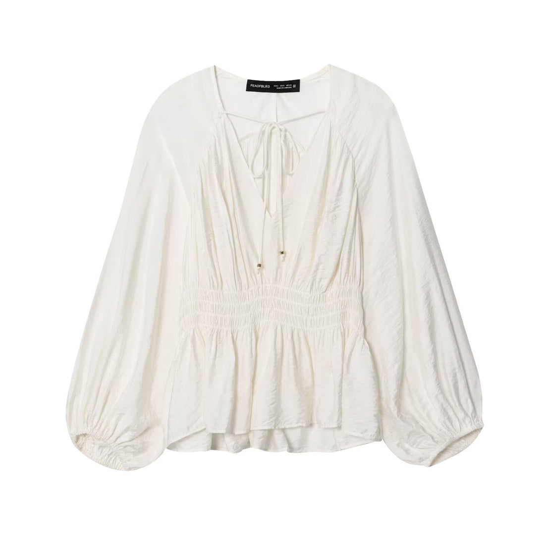 Damen Boho-Bluse mit Smock-Taillenbund, V-Ausschnitt und Ballonärmeln Echoarchiv