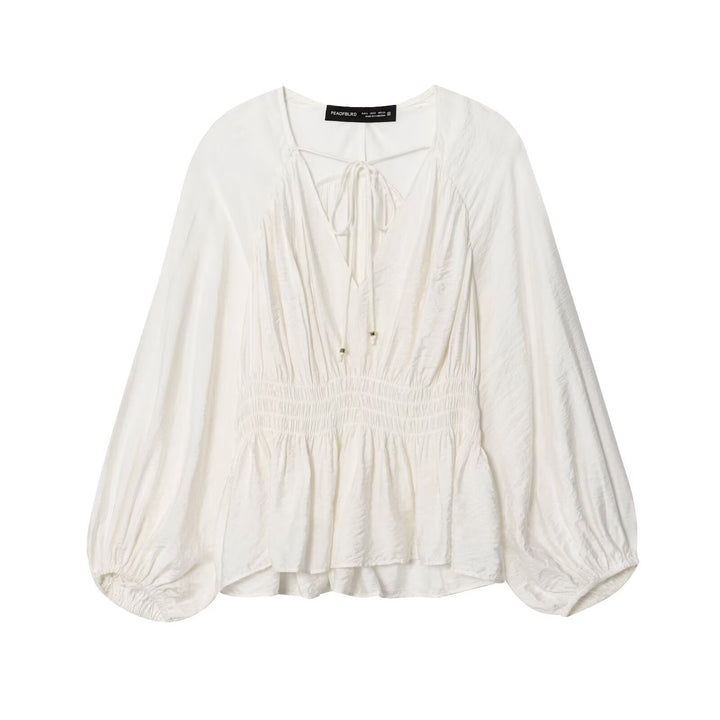 Damen Boho-Bluse mit Smock-Taillenbund, V-Ausschnitt und Ballonärmeln Echoarchiv