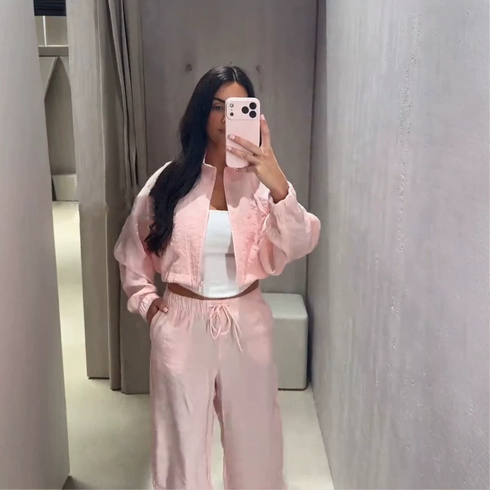 Damen Lässiges Satin-Trackset mit kurzem Reißverschluss-Top & weitem Tunnelzug-Hose Echoarchiv