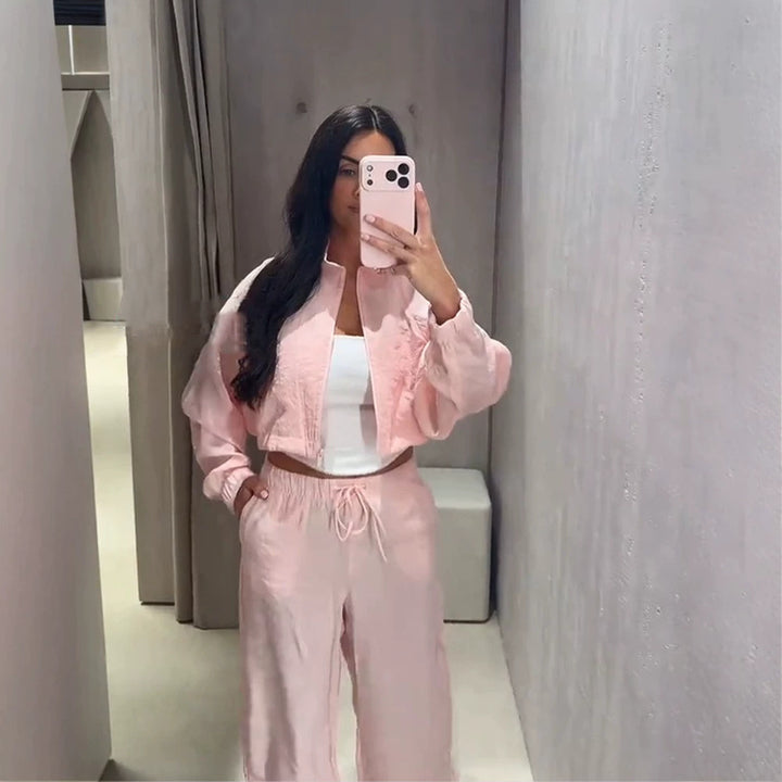 Damen Lässiges Satin-Trackset mit kurzem Reißverschluss-Top & weitem Tunnelzug-Hose Echoarchiv