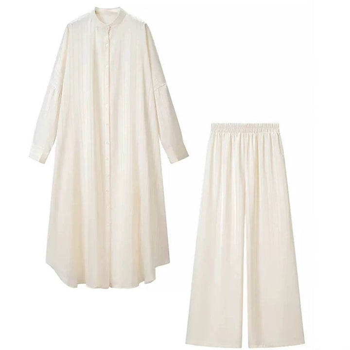 Damen Zweiteiliges fließendes Hemdblusen‑Maxikleid mit durchgehender Knopfleiste und passender elastischer Palazzo‑Hose Echo Archiv