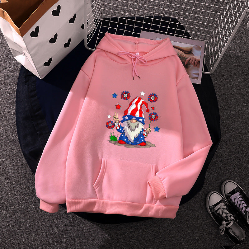 Damen Kapuzenpullover mit patriotischem Gartenzwerg-Print, angerautem Fleece-Innenfutter, Oversize-Schnitt und Kängurutasche – Auréline