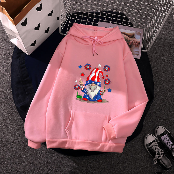 Damen Kapuzenpullover mit patriotischem Gartenzwerg-Print, angerautem Fleece-Innenfutter, Oversize-Schnitt und Kängurutasche – Auréline