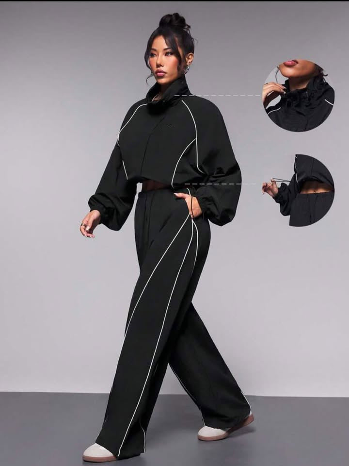 Damen sportives Cropped Windbreaker-Set mit Stehkragen Tunnelzug und reflektierenden Paspeln – Avérine